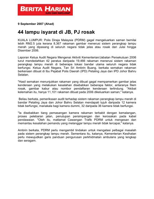 44 lampu isyarat di JB, PJ rosak - Jabatan Audit Negara