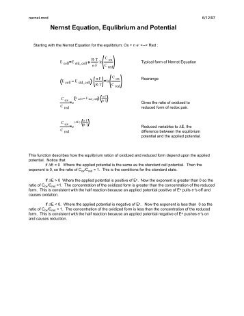 Nernst Equation, Equlibrium and Potential