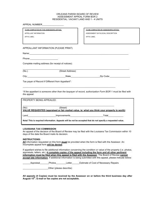 orleans parish board of review assessment appeal form bor 2 - qPublic