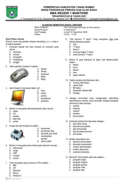 Soal Ulangan Tik Kelas X 1 2008 Tik Sman 1 Mantewe