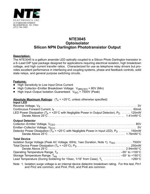 NTE3045 Optoisolator Silicon NPN Darlington Phototransistor Output