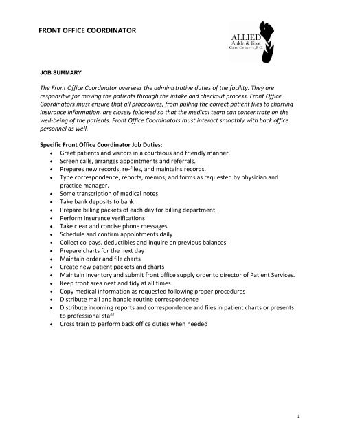 Front Office Coordinator Job Description