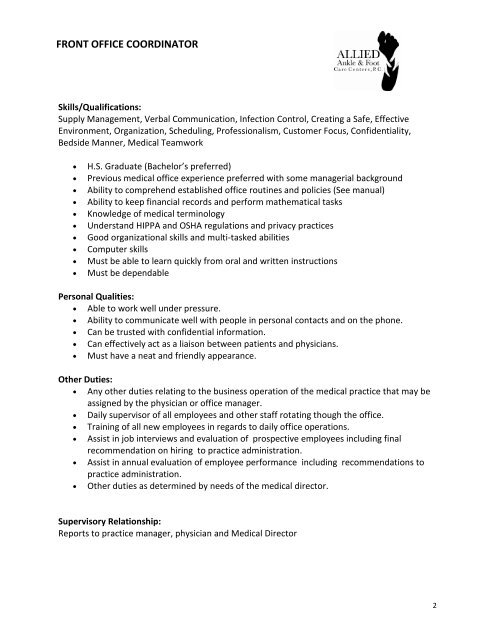 Front Office Coordinator Job Description
