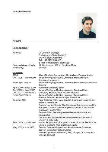 1 Joachim Wentzel Resume Personal facts: Address: Dr. Joachim ...