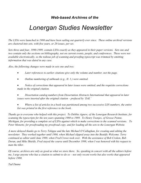 Lonergan Studies Newsletter - The Bernard Lonergan Web Site
