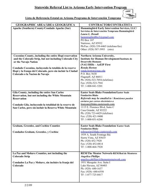 Arizona Early Intervention Program Referral List