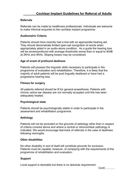 Cochlear Implant Guidelines for Referral of Adults - United Bristol ...