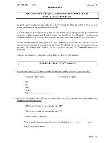 DIP-PÔLES - GT3 Annexe : 8 Questionnaire Ce ... - Site DIP-PÔLES