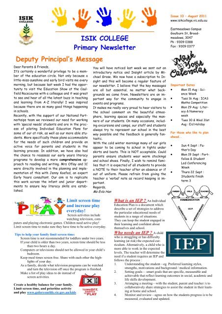 Deputy Principal's Message ISIK COLLEGE Primary Newsletter