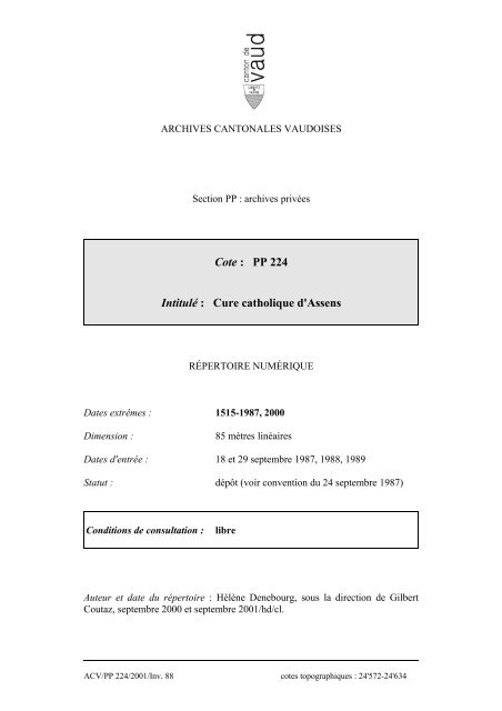 ARCHIVES CANTONALES VAUDOISES Inventaire des Archives  