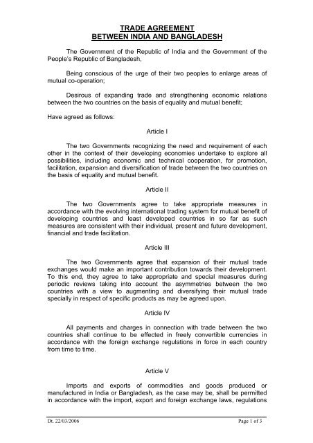 India Bangladesh Trade Agreement - 