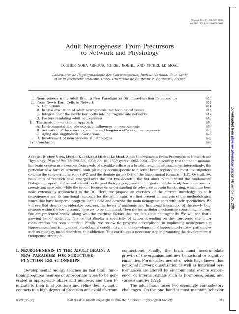 Adult Neurogenesis: From Precursors to Network and Physiology