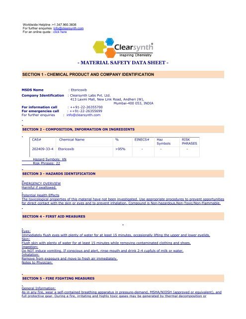 MSDS for : Etoricoxib - clearsynth