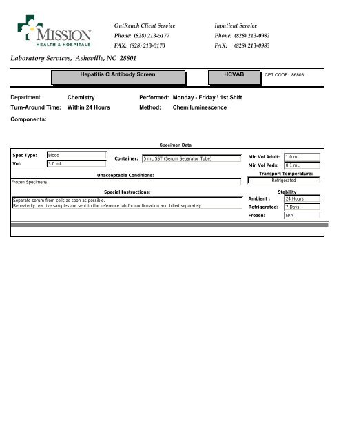 Laboratory Services, Asheville, NC 28801 - Mission Health