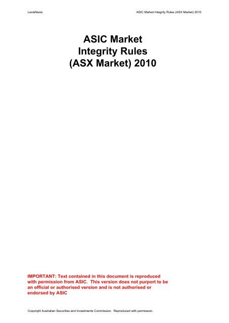 ASIC Market Integrity Rules (ASX Market) 2010 - LexisNexis