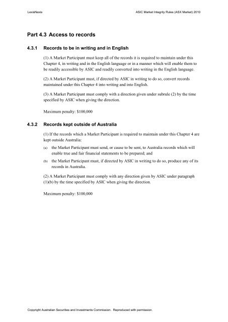 ASIC Market Integrity Rules (ASX Market) 2010 - LexisNexis