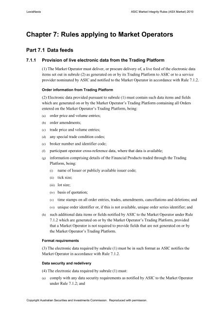 ASIC Market Integrity Rules (ASX Market) 2010 - LexisNexis