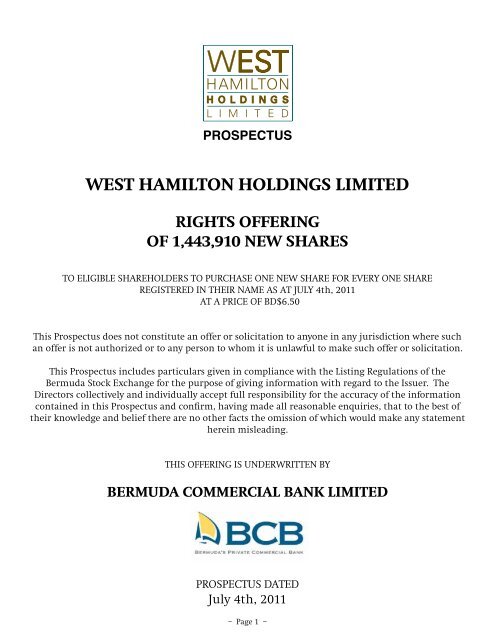 WEST HAMILTON HOLDINGS LIMITED - Bermuda Stock Exchange