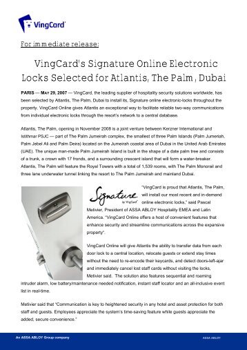 VingCard's Signature Online Electronic Locks ... - VingCard Elsafe