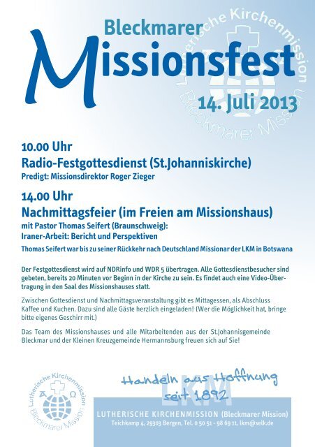 Missionsblatt Juni/Juli 2013 - Lutherische Kirchenmission Bleckmar