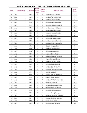 VILLAGEWISE BPL LIST OF TALUKA RADHANAGARI