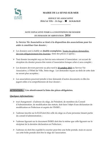 Note explicative et liste des pièces obligatoires - La Seyne-sur-Mer
