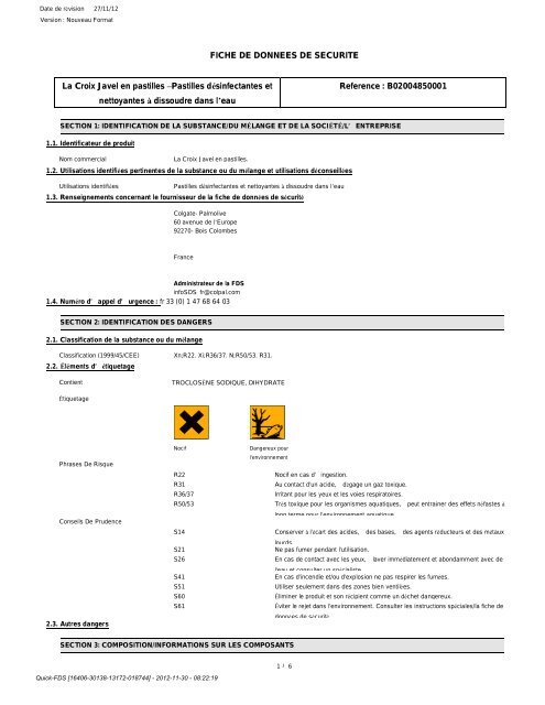 FICHE DE DONNEES DE SECURITE La Croix Javel en pastilles ...