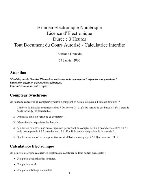 Examen Electronique NumÃ©rique Licence d'Electronique DurÃ©e : 3