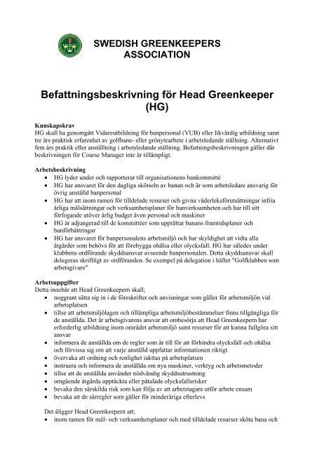 Head Greenkeeper - Swedish Greenkeepers Association