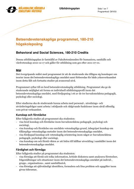 Beteendevetenskapliga programmet, 180 hp (Västerås) (pdf 128 kB)