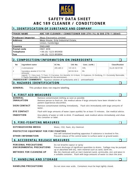 safety data sheet abc 189 cleaner / conditioner - Mega Electronics