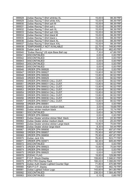 Tarif Zodiac public au 1-12-04 - FC Parts