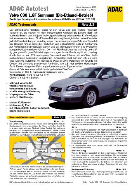 Umfassender Test Volvo C30 1 8f Summum Ethanol Betrieb Adac