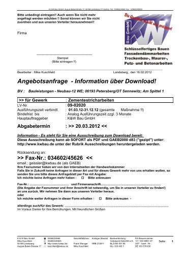 Angebotsanfrage - Information über Download! - K & W Bau GmbH