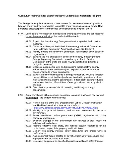 Curriculum Framework for Energy Industry Fundamentals Certificate ...