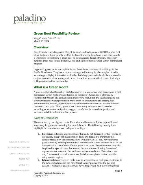 Green Roof Feasibility Study - King County - Green Apartment Building Feasibility Study