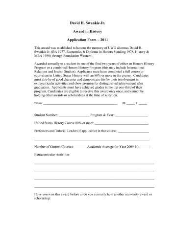 David H. Swankie Jr. Award in History Application Form Ã¢Â€Â“ 2011