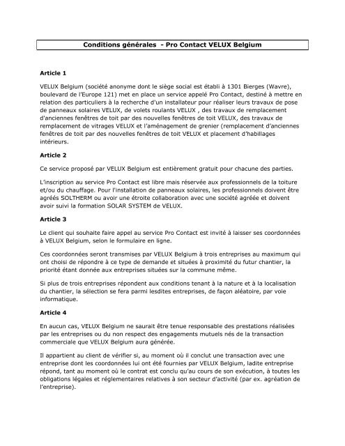 Conditions générales - Pro Contact VELUX Belgium