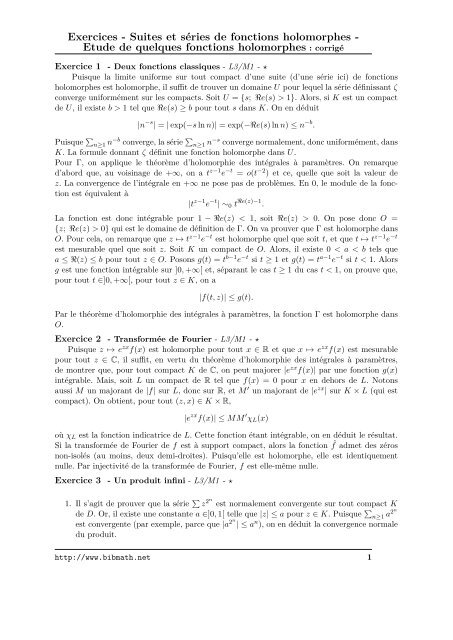 Exercices - Suites et séries de fonctions holomorphes ... - Bibmath