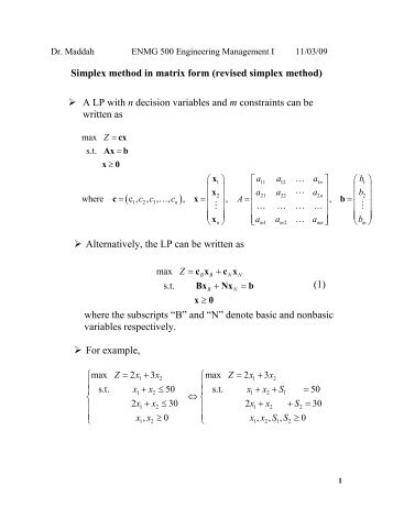 Simplex method in matrix form (revised simplex method) A LP with n ...