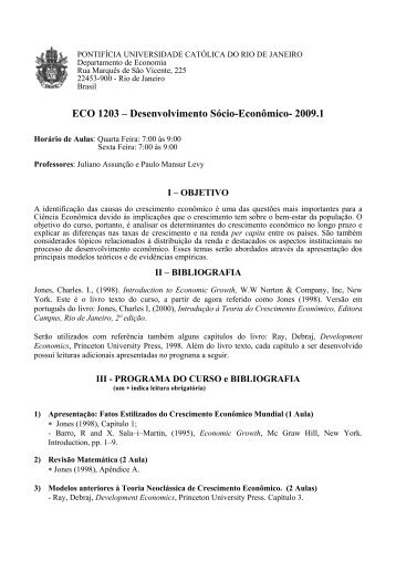 ECO 1203 – Desenvolvimento Sócio-Econômico- 2009.1