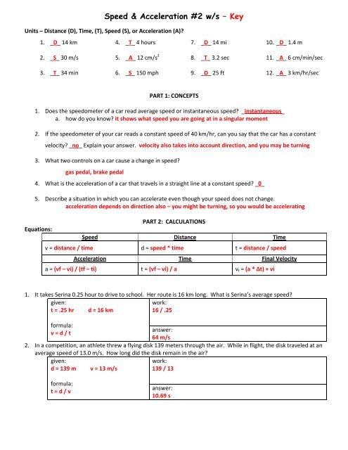 Speed, Velocity, Acceleration Practice Test with Answer Key