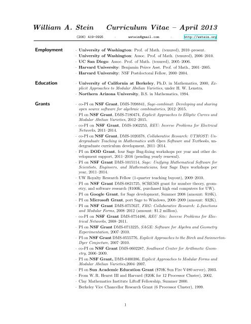 William A. Stein Curriculum Vitae - William Stein - University of ...