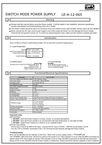 PANEL MOUNT SMPS MANUAL - 6.25A-12V-1 - Lubi Electronics