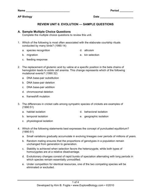 REVIEW UNIT 6: EVOLUTION â SAMPLE ... - Explore Biology