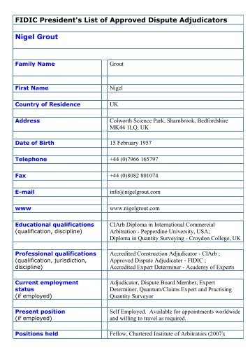 FIDIC President's List of Approved Dispute Adjudicators Nigel Grout