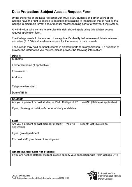 Data Protection Subject Access Request Form (PDF) - Perth College