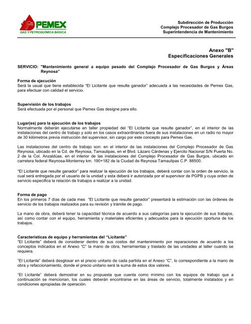 Anexo "A" Relación de Equipos - Pemex Gas y Petroquímica Básica