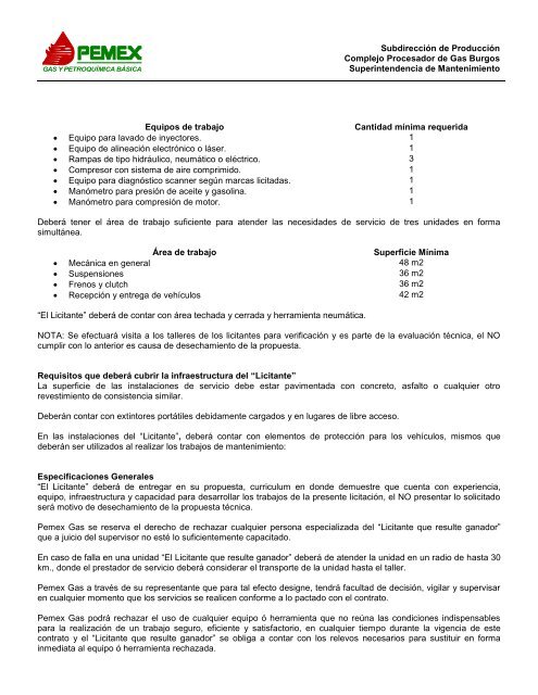 Anexo "A" Relación de Equipos - Pemex Gas y Petroquímica Básica