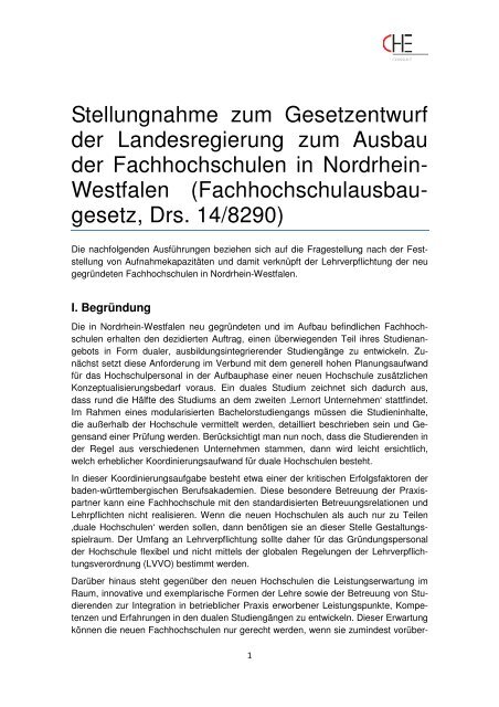 CHE Stellungnahme Gesetzentwurf Fachhochschulausbau NRW ...